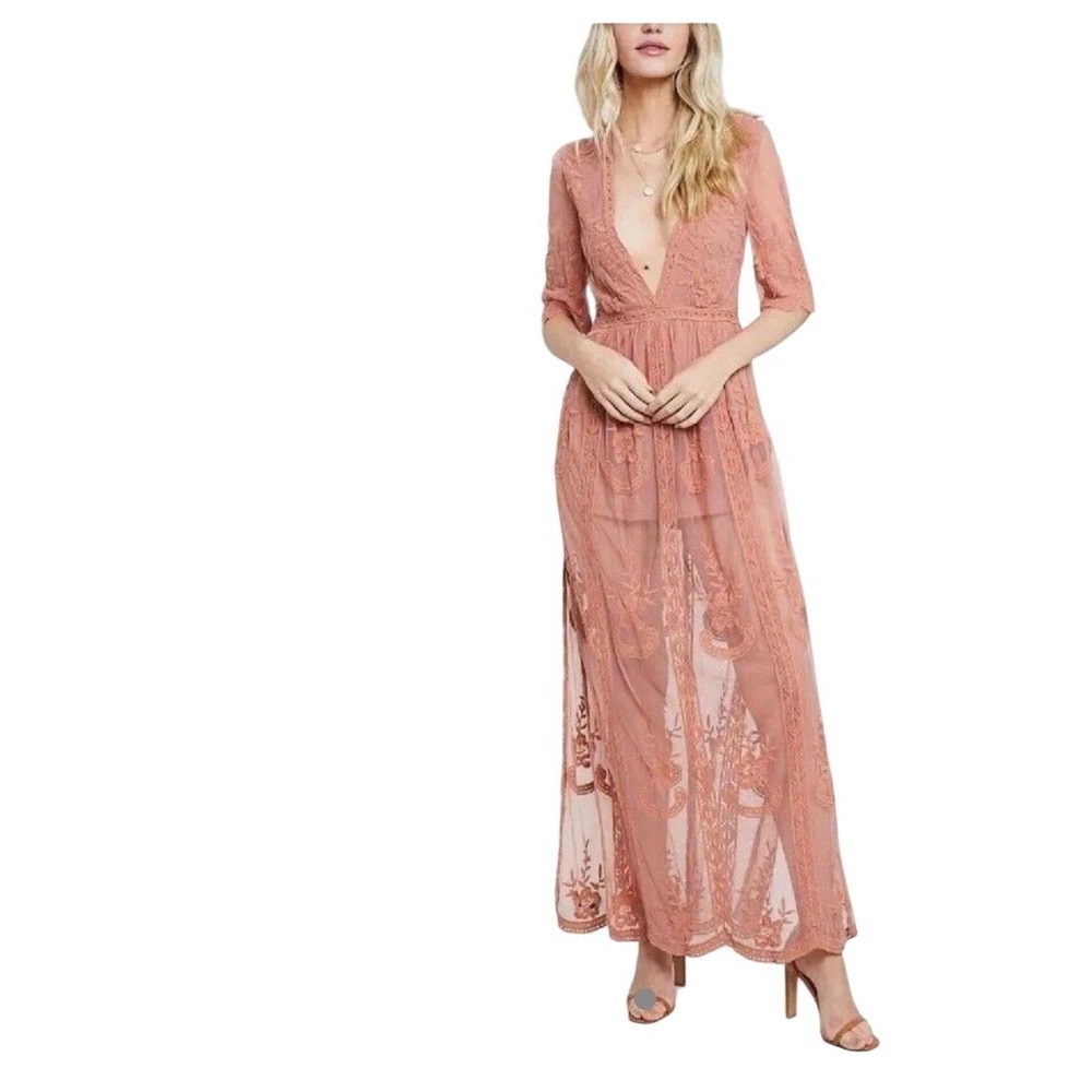 WISHLIST Night Shimmer Maxi Dress Terracotta Rose Lace Romper Overlay S Sexy